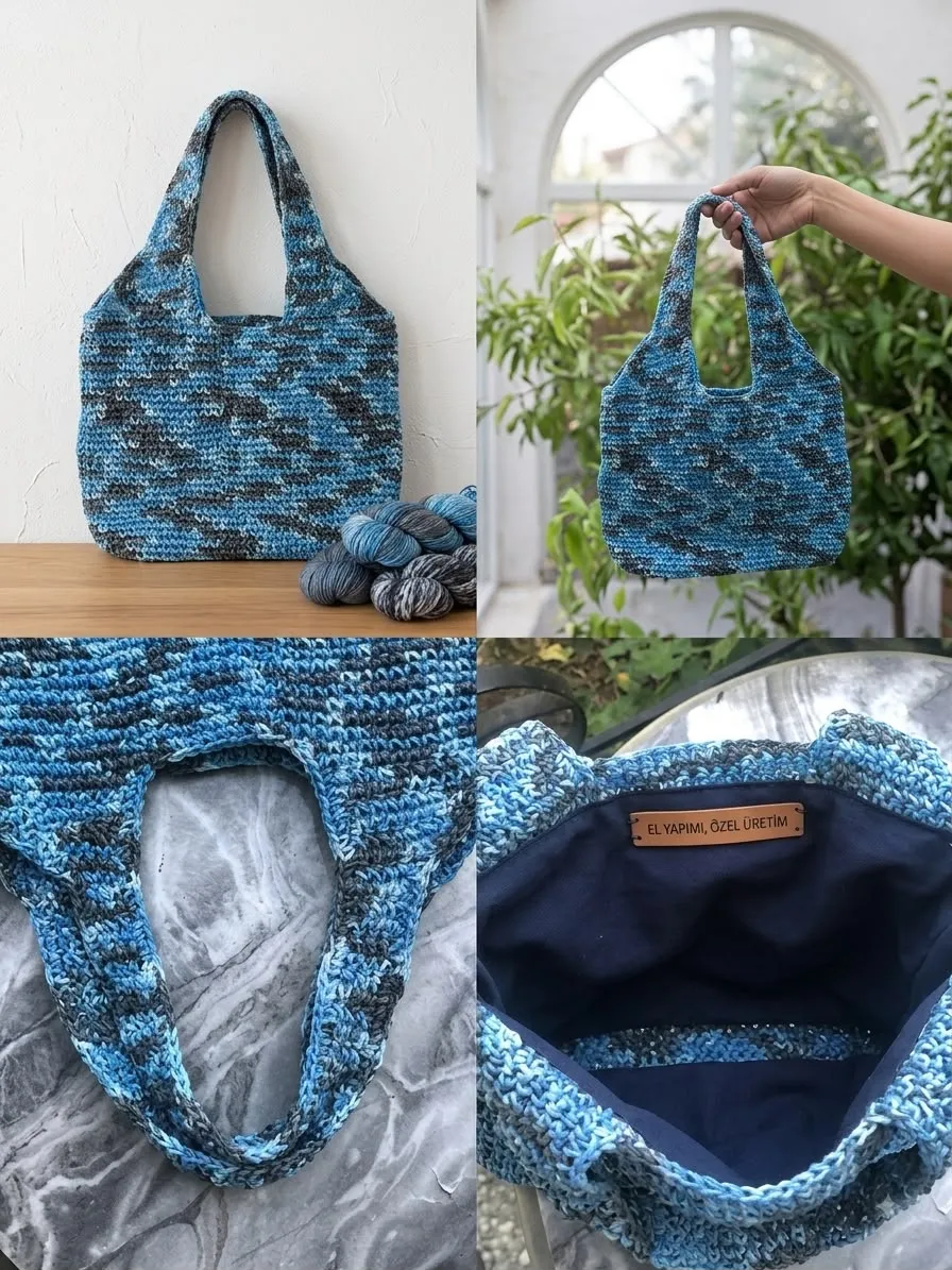 Blue Melange Handmade Tote Bag | Kumaş Astarlı Özel Tasarım Ebruli Örgü Çanta